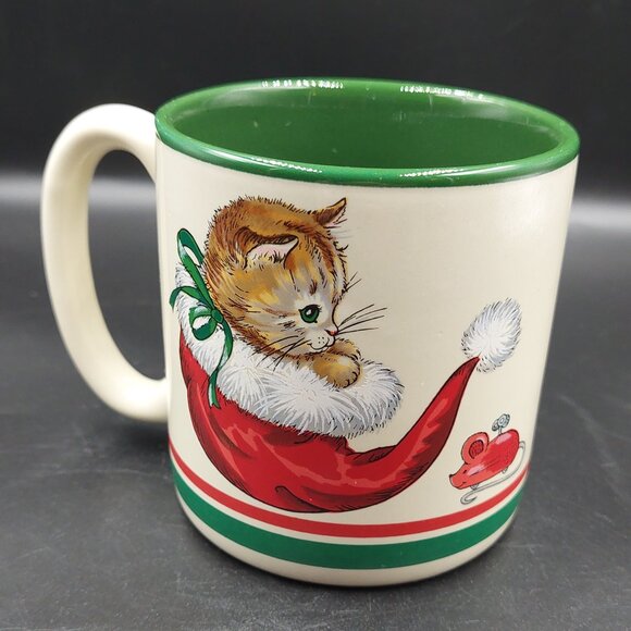 Vintage 1989 Potpourri Press Tabby Kitten Cat Santa Christmas Holiday Coffee Mug - Picture 3 of 8